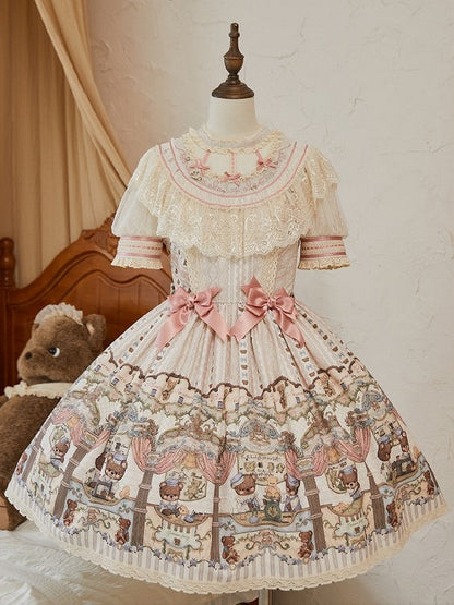 Dress Printed Bear Lolita Lace-Trimmed with Sweet Beige Accents Bow