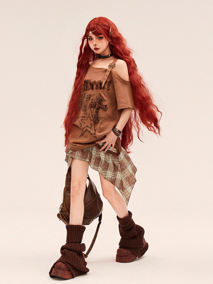 Fashion Gyaru Asymmetrischer T-Shirt Ausschnitt Leopard Kreuz Applikation Braun