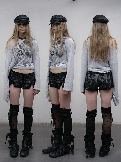 Studs Lace-up Shorts Punk Hem Raw Details Black/White Decorated Wasteland