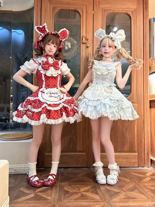 and Choker Cute + Polka Lolita Themed Hairband Baby Set Dress Lace Bunny with Full Bow Bonnet JSK Details Strawberry Blue Dot Ear