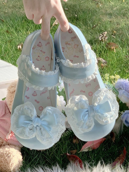 Print Janes with Velcro in Strap PU Mary Toe - Low-heel/Mid-heel Paw Round Bow Blue Removable Closures