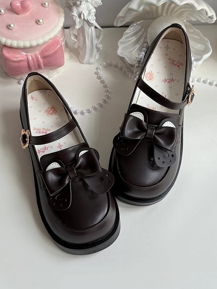in Style Bear-shaped PU Preppy Bear and Ear Fastener Matte Shoes Removable Bow Brown Mid-heel Leather