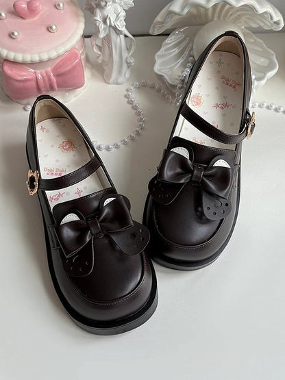 in Style Bear-shaped PU Preppy Bear and Ear Fastener Matte Shoes Removable Bow Brown Mid-heel Leather
