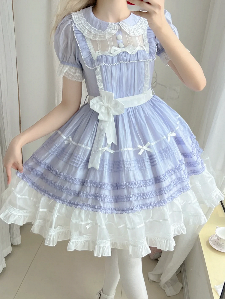 Ärmelkleid Lolita Peter Pan Kurz Weiß Lila und Kragen