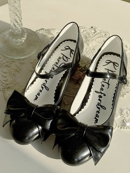 Sophisticated Black Lolita Mid Heels - PU Leather with Ornamental Bow & Circle Fastener