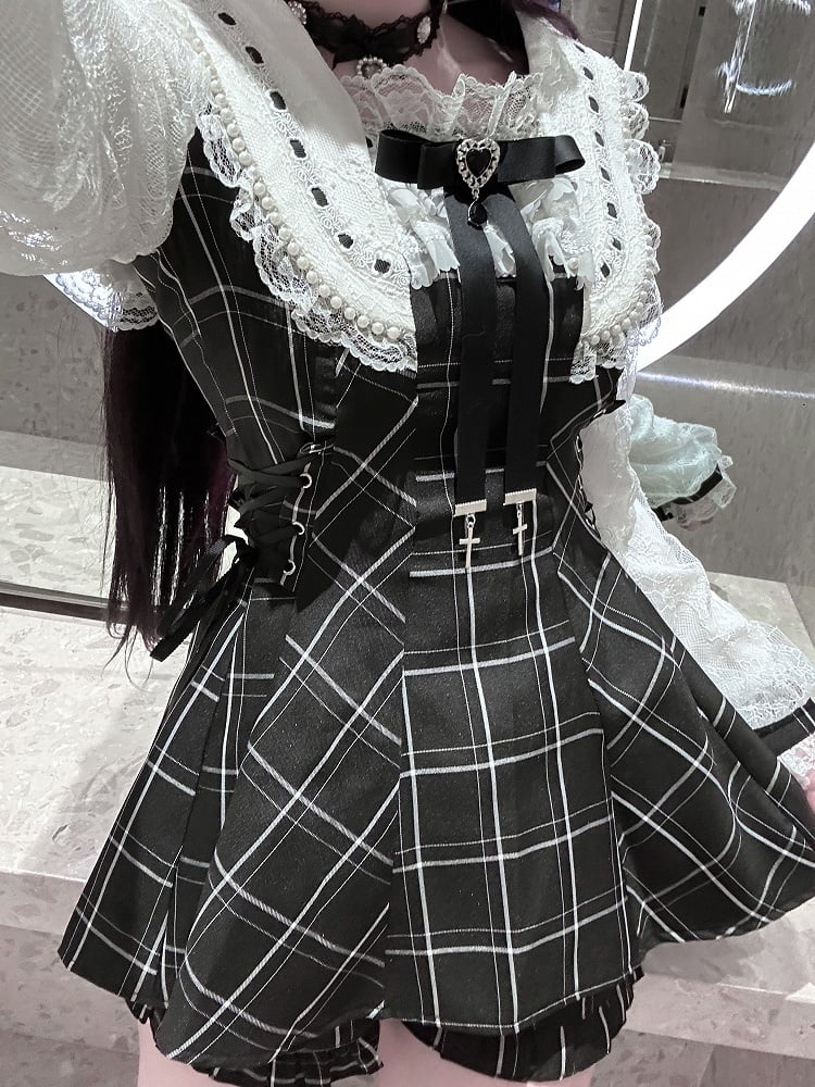 Kei Plaid Set: Matching Black Tie Jirai Shorts with Mini Dress Two-Piece Collar Beaded Waist / Side