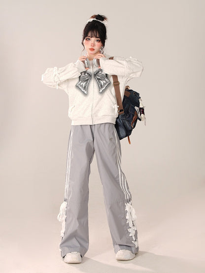Straight-Leg pants with Lace-Up Side Detailing Gray Preppy