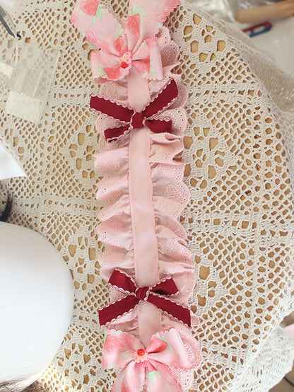 Strawberry Bowknot Details Lace Trim Pink Hairband