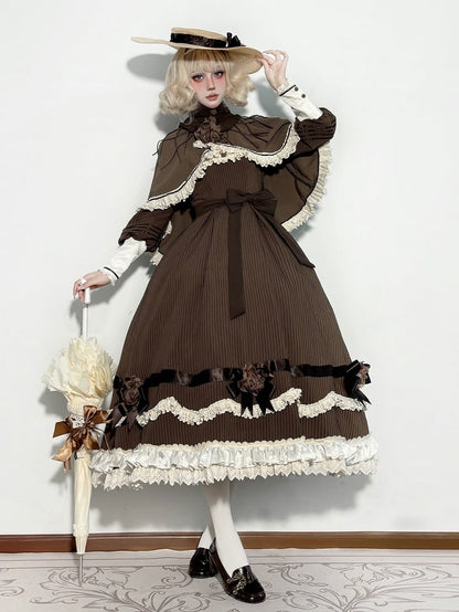 Brown Ruffle Neckline Lolita Dress with Waist Belt - MUYU