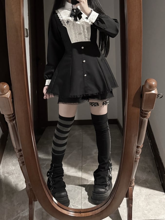 Bow Shorts Set - Cross Embroidered Pointed Flat Collar Dress + Three-piece Jirai Kei Black + Tie