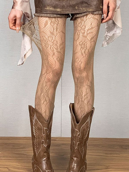 ブラウン Y2K フローラル ホロウアウト タイツ