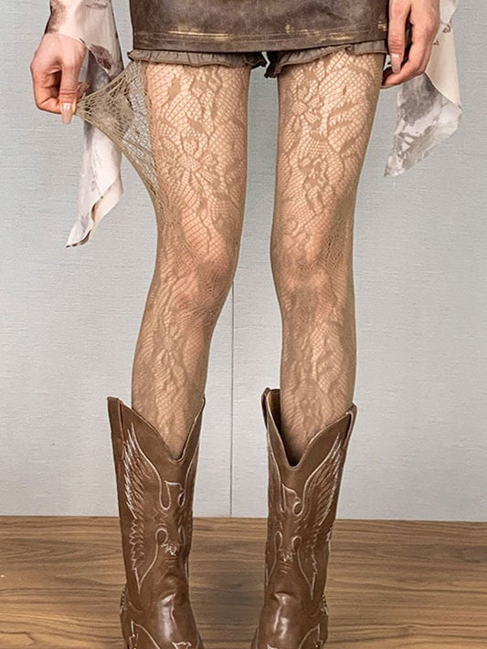 ブラウン Y2K フローラル ホロウアウト タイツ