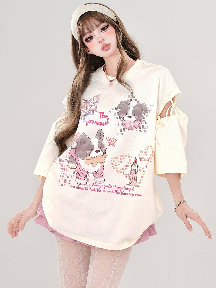 ピンク/アプリコットの漫画の子犬のタイアップカットアウトスリーブTシャツ