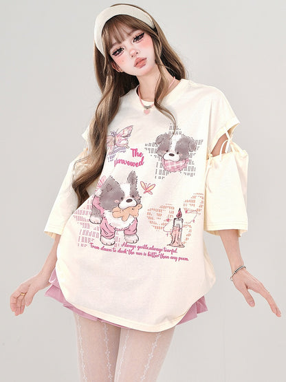 ピンク/アプリコットの漫画の子犬のタイアップカットアウトスリーブTシャツ