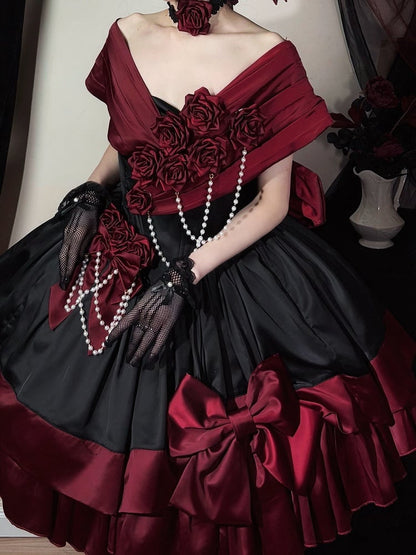 Red Black Roses Off-Shoulder Boned Lolita Set - Treasure Box Factory