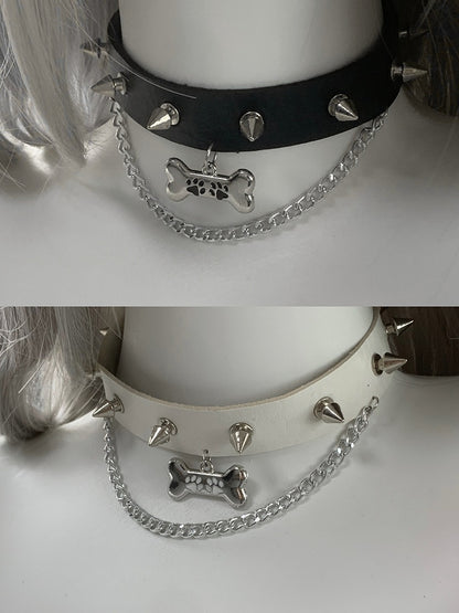 Black Bone Pendant Studded Choker with Chain