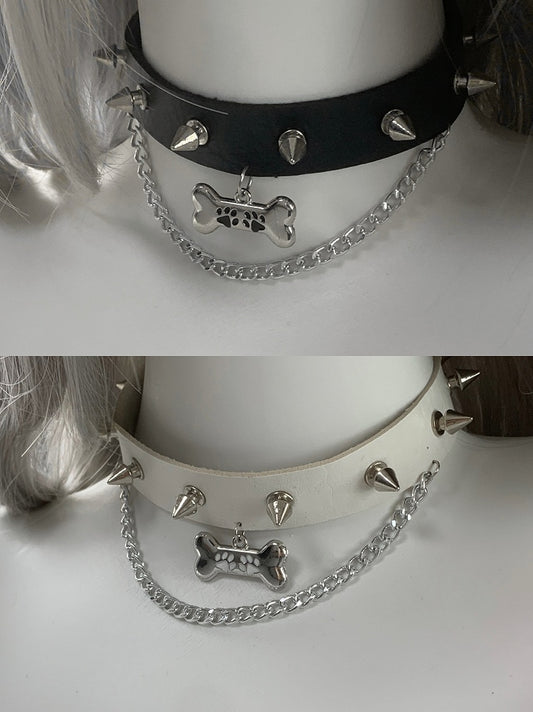 Black Bone Pendant Studded Choker with Chain