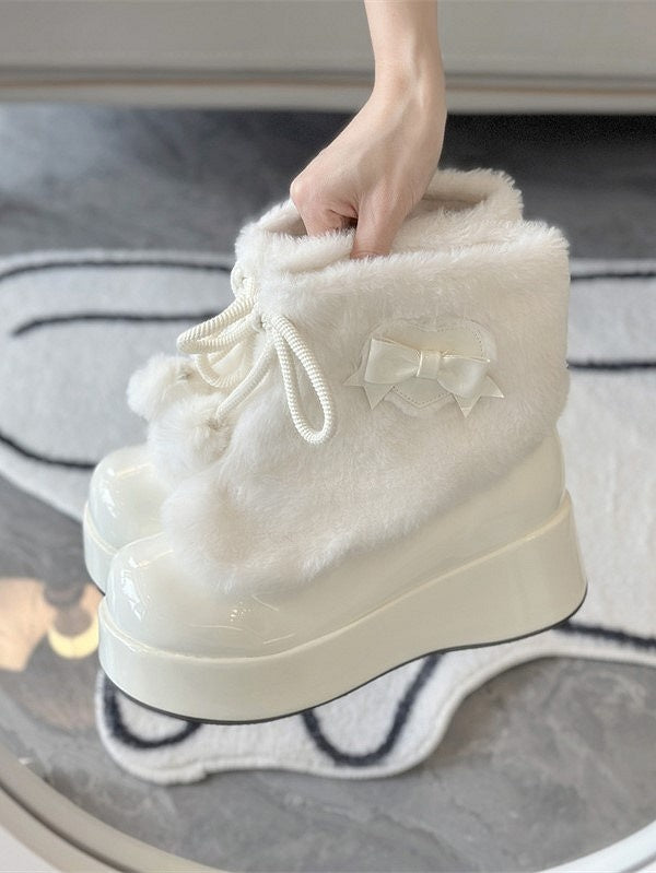 Lolita Bows Sweet Slip-On Ankle Round-Toe White Boots with Decor Pompon Accents