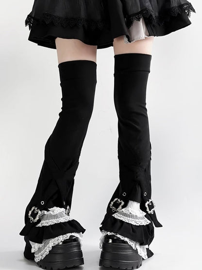 Lace Leg Warmers Multi Layer Buckle Details Black White - AOSpace