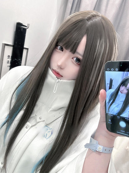 カラーブラウン 60CM 前髪ストレートオンブレブルーヘア ウィッグ付き 長さ