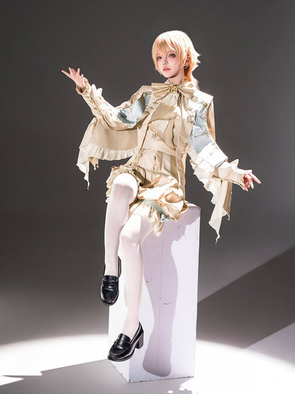 Bishop Sleeve Ouji Shirt and Striped Shorts Set with Angel Wing Collar - Unknown Star