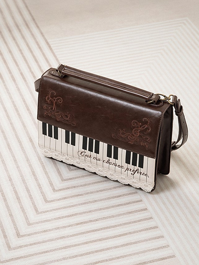 Brown Piano-Themed Crossbody  Backpack Briefcase With Embroidered Floral Accents Elegant Midium-Sized