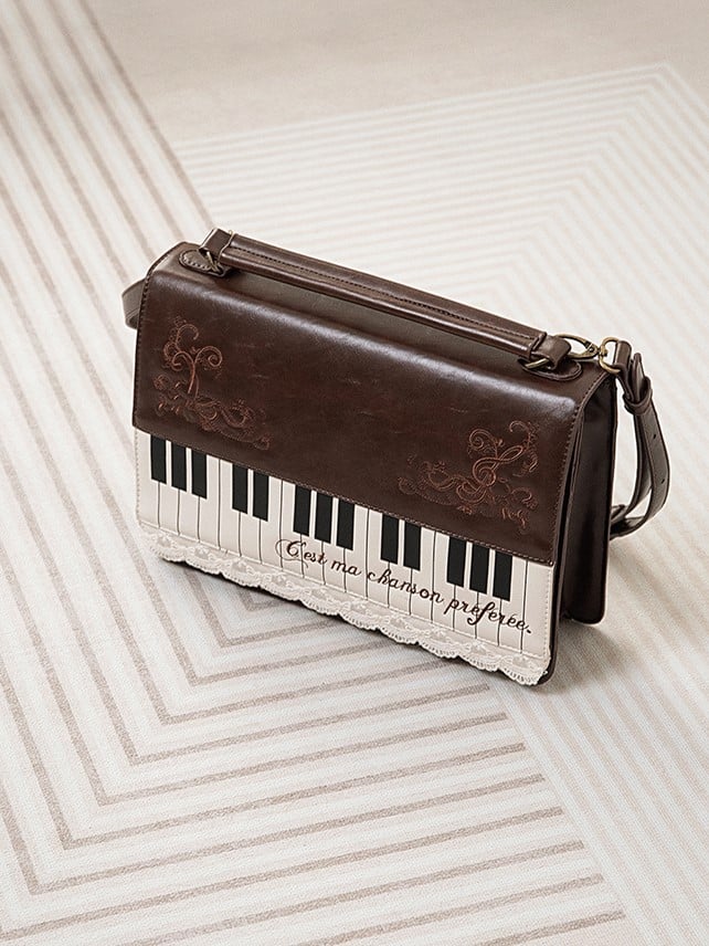 Backpack Crossbody Piano-Themed Accents Embroidered Midium-Sized Brown Elegant Briefcase Floral With