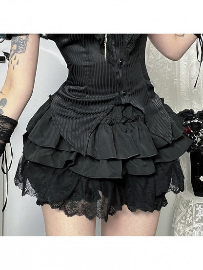 Waist Skirt Gothic Trim Puff Tiered Halloween Built-in Elastic Shorts Lace with Black
