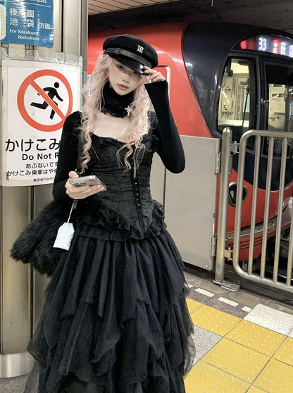 Embossed Lace-Up Back with Jacquard Lace Black/White Top Sleeve Frill Long