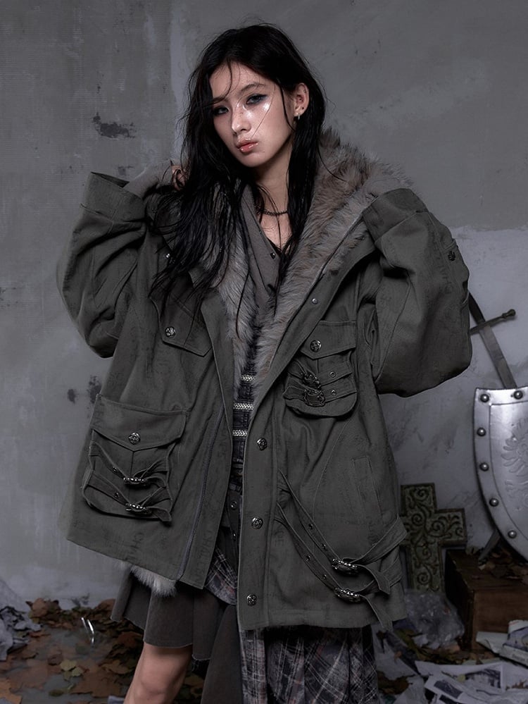 Punk Heavy-Duty Green Diagonal Fuzzy Pockets 3D Coat Dark Hood Straps with