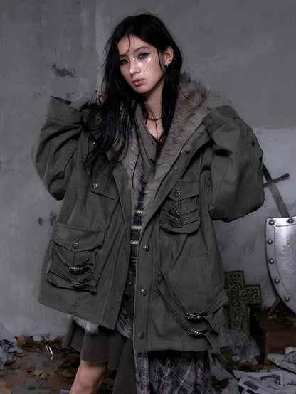 Punk Heavy-Duty Green Diagonal Fuzzy Pockets 3D Coat Dark Hood Straps with