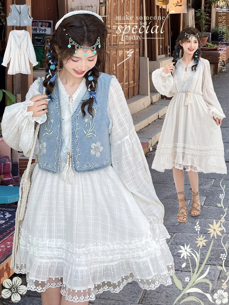 Version White V-Neck Lace Trim Dress with Tassel Drawstring Design Regular/Long