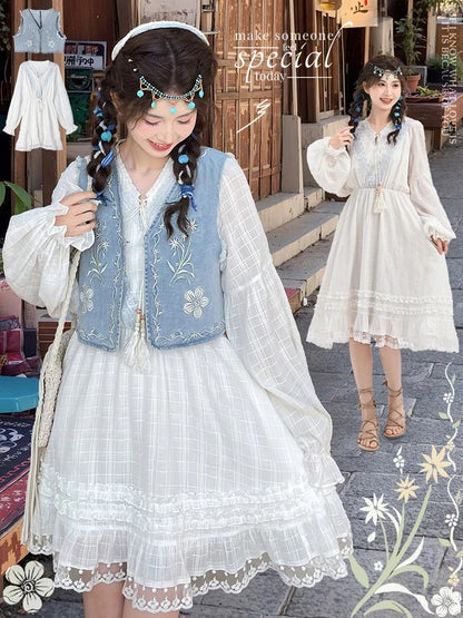 Version White V-Neck Lace Trim Dress with Tassel Drawstring Design Regular/Long