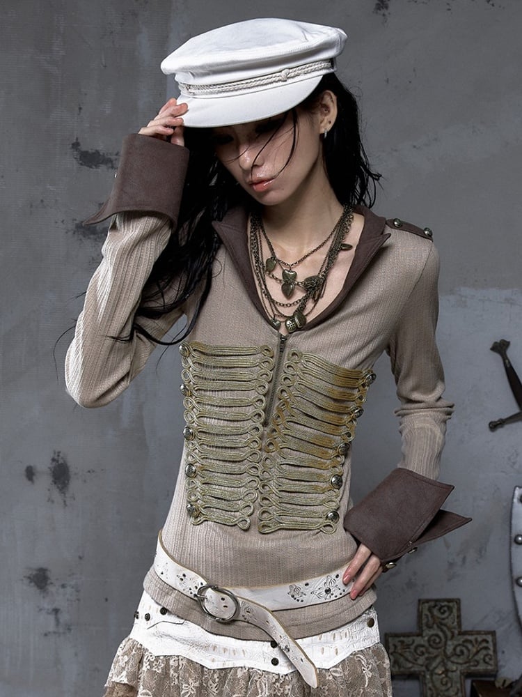 Collar Knit Gold Vintage Braid Punk Brown Military Khaki Suede with Top Notched