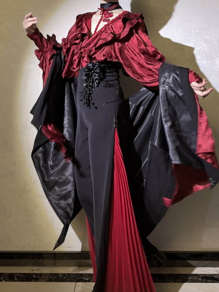 Wide-leg Ouji Pants Red Fashion Panel Black 110cm Pleated ( Extended ) High With Length Waist Chiffon