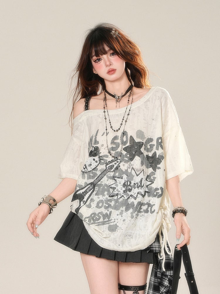 Lace Top Drawstring Graffiti Waist Apricot Print Asymmetrical Neckline