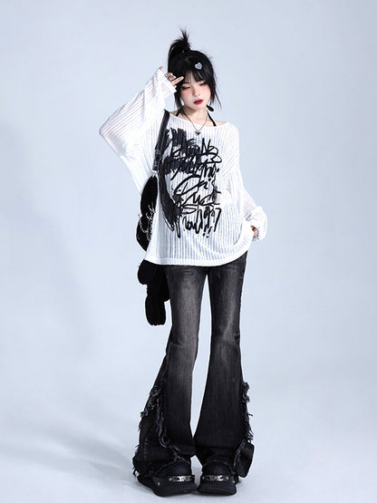 Fit Graffiti Pullover White Knit Print Loose