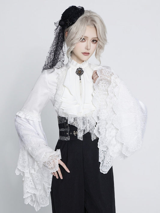 White Bell-Sleeve Shirt with Lace Patched Flounce Neck - DevilInspired Exclusive Collection