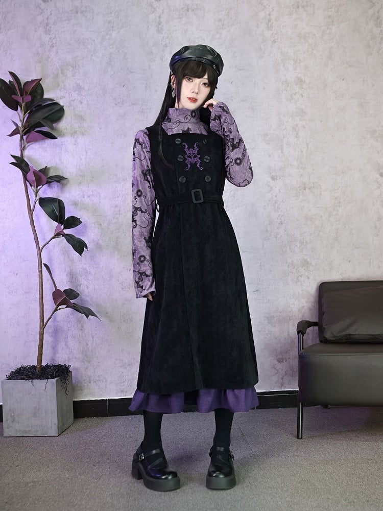 Double-Layer Hem Vest Maxi Dress in Black with Purple Bat Embroidery - Quirky Hut
