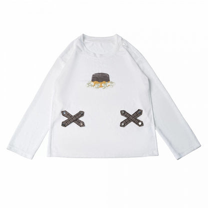 Airy White Pudding Graphic Long Sleeve Blouse with Plaid Strip Accents - PINK SAVIOR