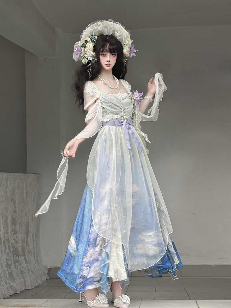 Artistic Print Empire Waist Lolita Gown with Cowl Neckline - Magic Skirt Cat