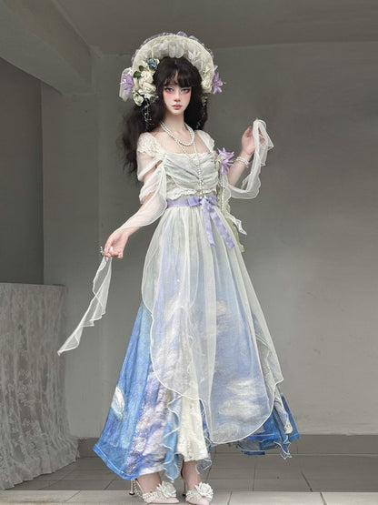 Artistic Print Empire Waist Lolita Gown with Cowl Neckline - Magic Skirt Cat