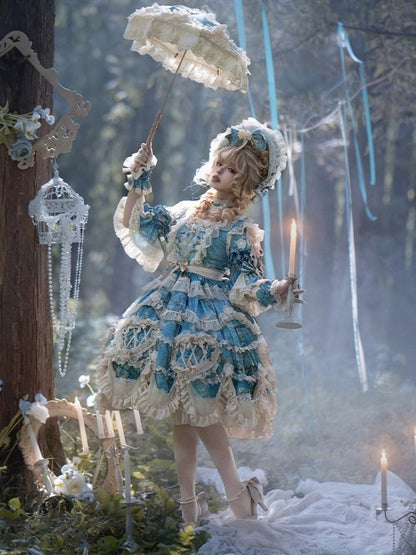 Floral Blue Edge with Hem Lolita Dress Print Scalloped Hime Lace