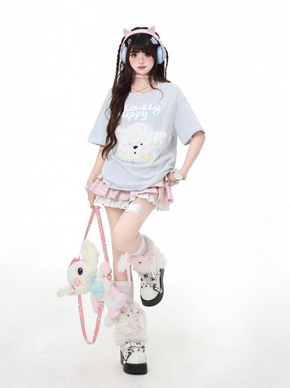 Loose Adorable Plush Puppy Black/Light Blue T-Shirt Round Neck