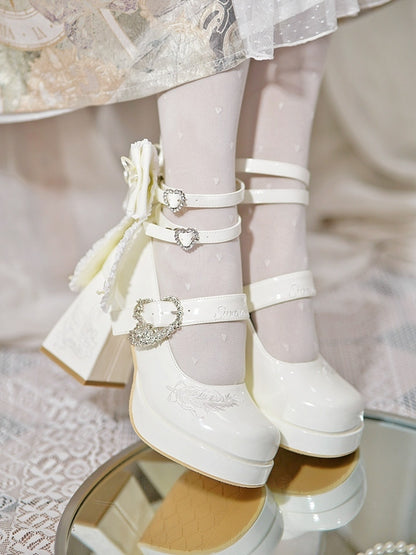 Classic Clasp White Lolita Heart Mary Jane Chunky with Shoes Heel