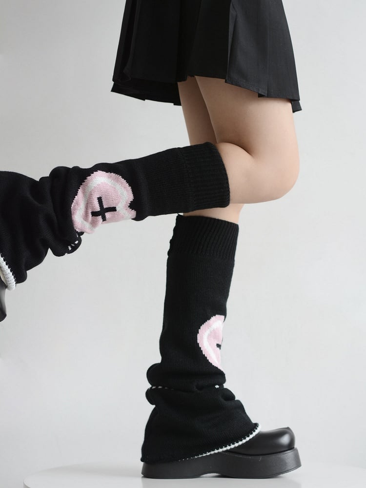 Pink Heart & Cross Pattern Black/White Flared Knitted Leg Warmers