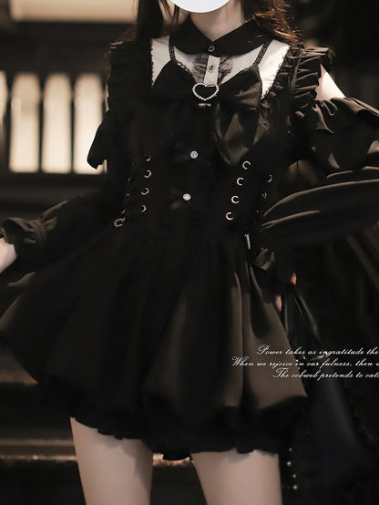 Bubble Jirai with Shoulder Dress - Long Waist Sleeve Lace-Up Cutout Kei Black