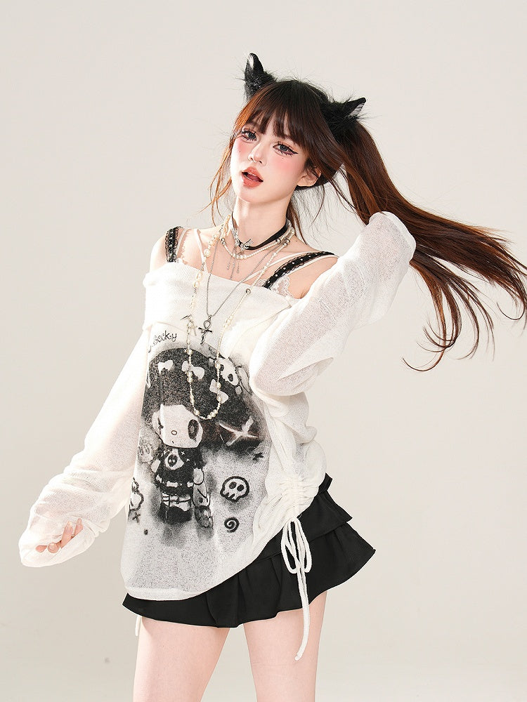 Rebellious Witch Schwarz/Weiß/Grau Ausschnitt Sonne Off-the-Shoulder Schutz Grafik Top