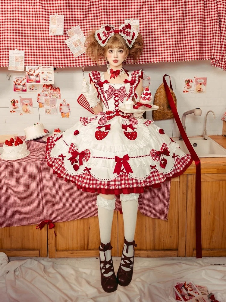 with Flutter White Sweet Gingham Details Dress Lolita Bow Sleeves Red