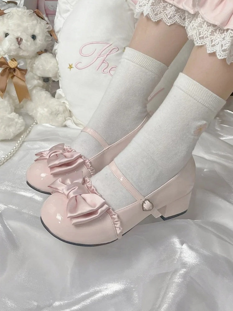 Toe Mid-heel Round Mary Sweet Heart Buckle Top Trim at PU Bow Leather Ruffles with Janes